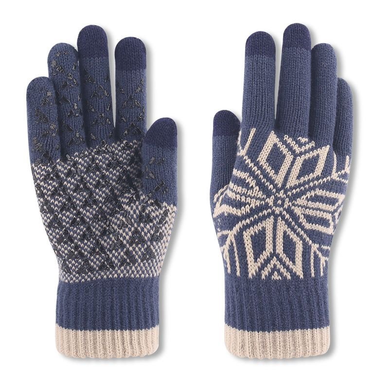 Autumn Winter Men Fashion Warm Fleece-Lined Thick Knitted Snowflake Gloves