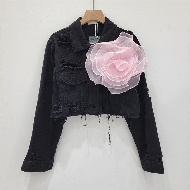 Fashion Creative Three-Dimensional Floral Personality Hole Denim Coat