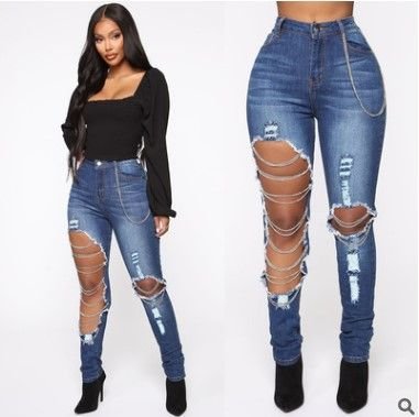 Women Fashion Skinny Ripped Chain Jeans