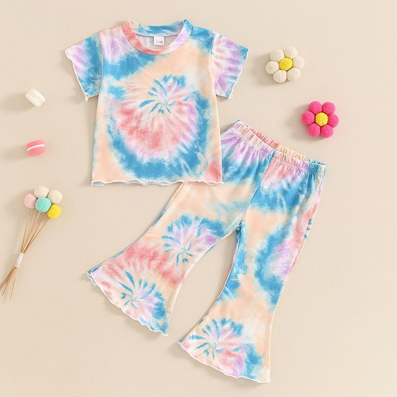 Kids Toddler Girls Casual Cute Tie-Dye Short Sleeve T-Shirt Flare Trousers Sets