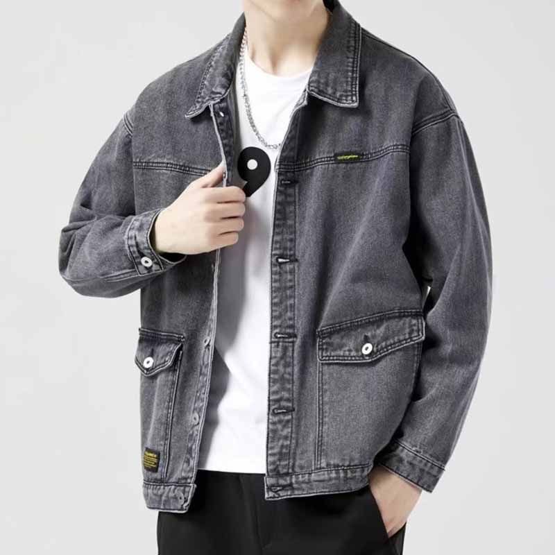 Men Fashion Casual Plus Size Loose Long Sleeve Lapel Denim Jacket