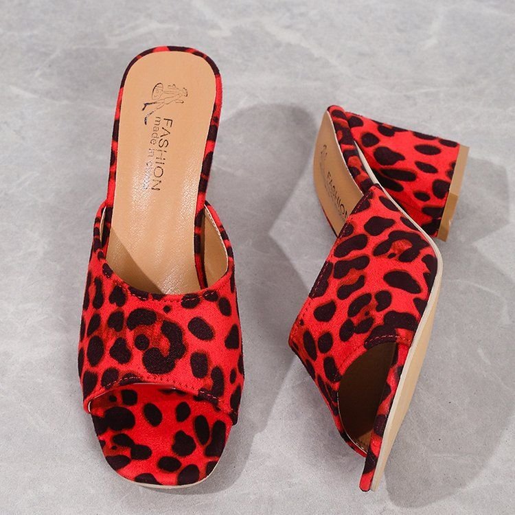 Women Fashion Plus Size Leopard Print Open Toe Suede High Heel Slippers