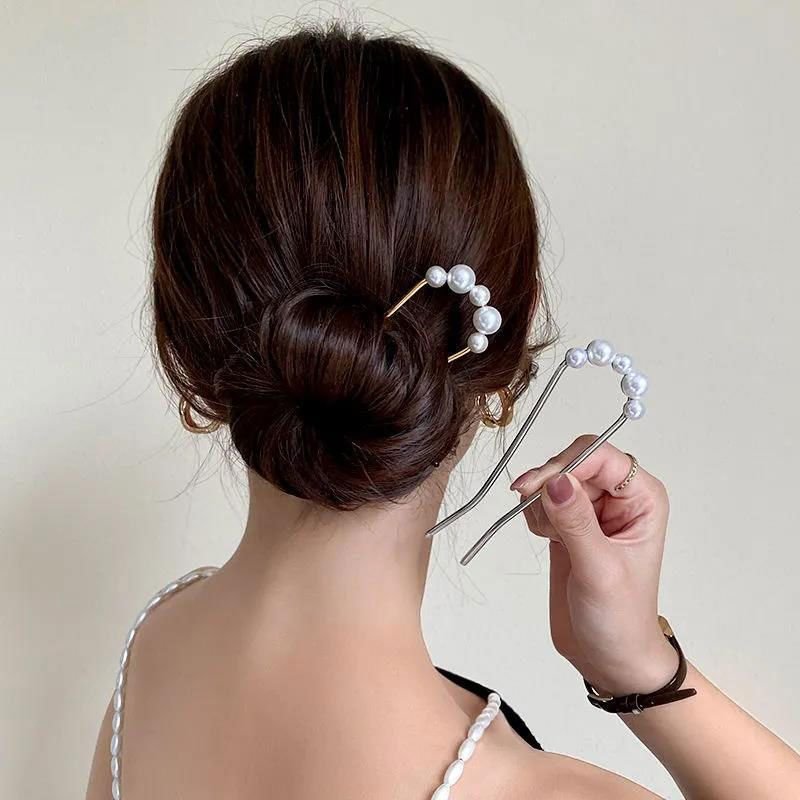 Women Fashion U-Shaped Hair Ball Head Pearl Metal Hairpin