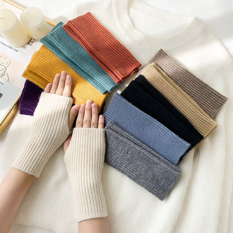 Autumn Winter Women Simple Solid Color Vertical Strip Knitted Wool Half-Finger Gloves