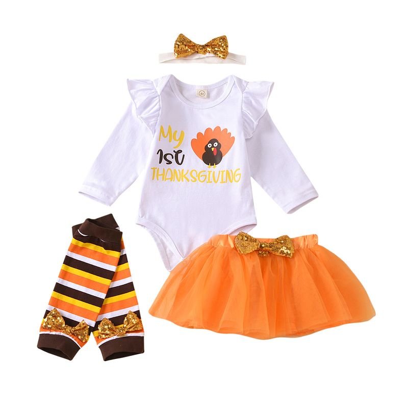 Kids Baby Girls Casual Cute Thanksgiving Turkey Alphabet Print Long Sleeve Romper Mesh Skirt Sets