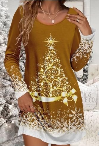 Women Fashion Christmas Tree Snowflake Print Round Neck Long Sleeve Dress