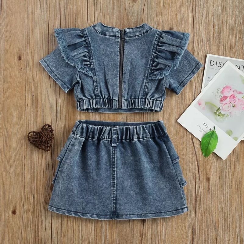 Kids Toddler Girls Fashion Casual Denim Short Sleeve Top Denim Skirt Set