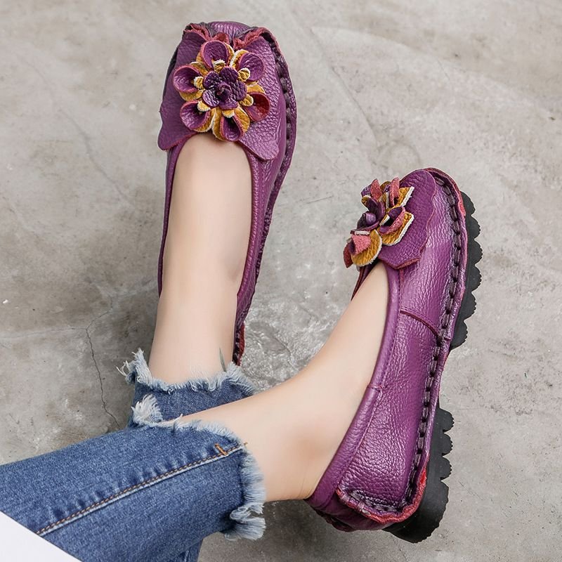 Soft Genuine Leather Flat Shoes Women Flats With Flowers Design Loafers