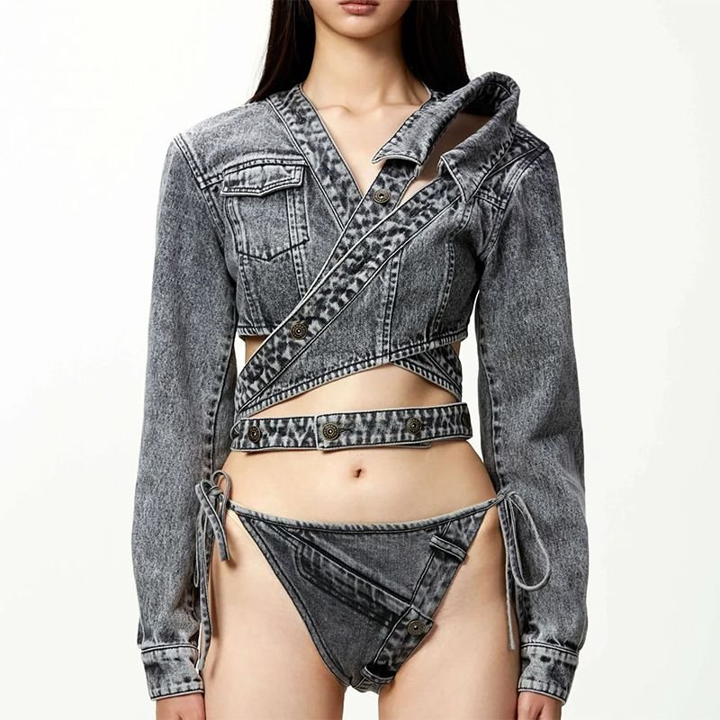 Women Summer Fashion Distinctive V-Neck Cross Asymmetrical Lace-Up Short Denim Jacket