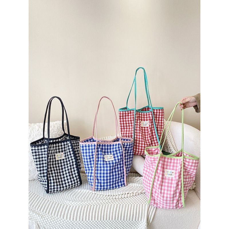 Women Simple Plaid Colorblock Large Capacity Shopping Tote Bag