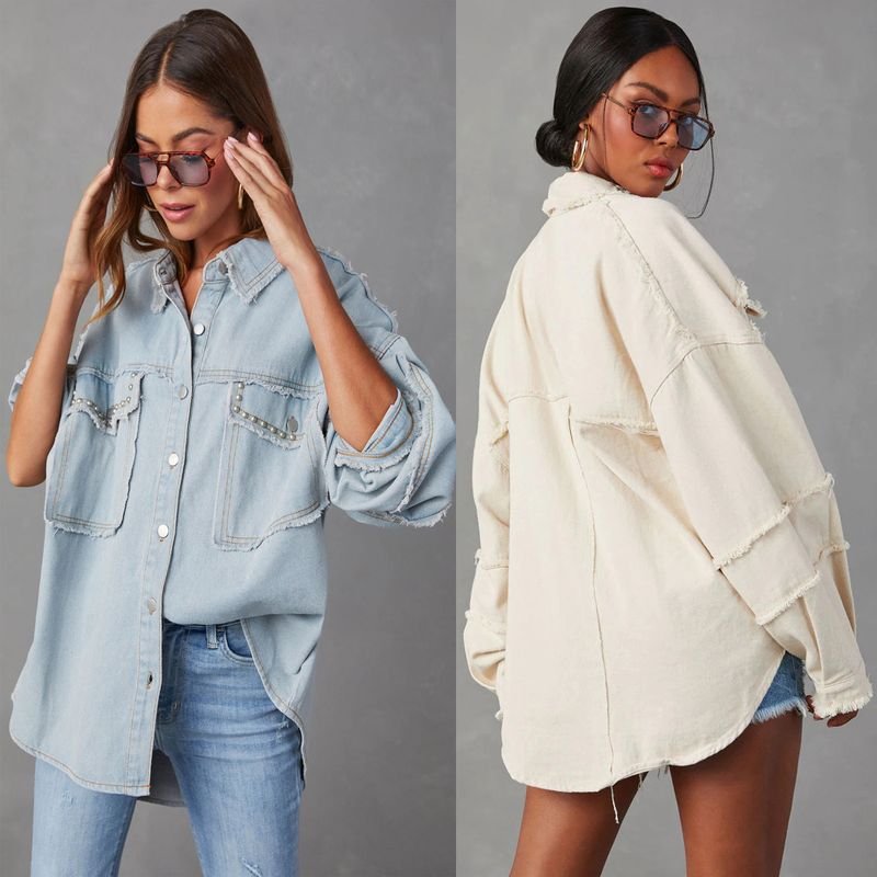 Women Fashion Rivet Lapel Long Sleeve Denim Coat Top