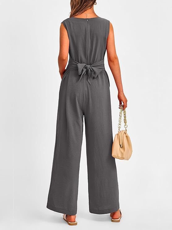 Summer Women Casual Solid Color V-Neck Sleeveless Lace-Up Wide Leg Jumpsuits