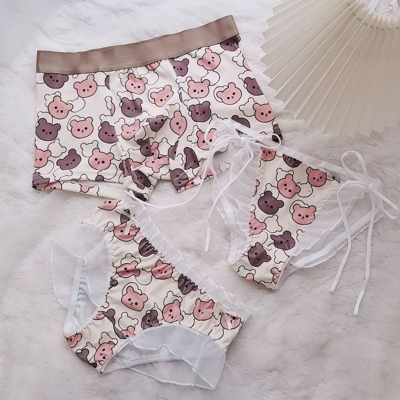 Cartoon Cute Bear Lace Semi-Transparent Couple Underwear