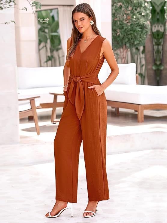 Summer Women Casual Solid Color V-Neck Sleeveless Lace-Up Wide Leg Jumpsuits