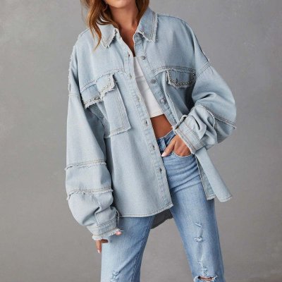 Women Fashion Rivet Lapel Long Sleeve Denim Coat Top