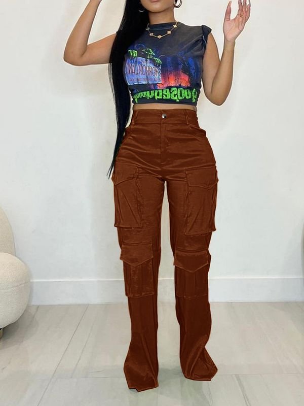 Women Fashion Retro High Waist Multi Pocket Cargo Pants