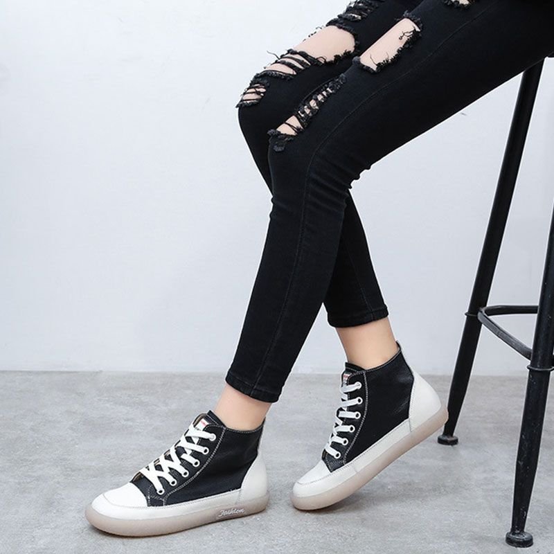 Size:4.5-9 Women Leisure Retro High Top Leather Flat Sneakers Shoes