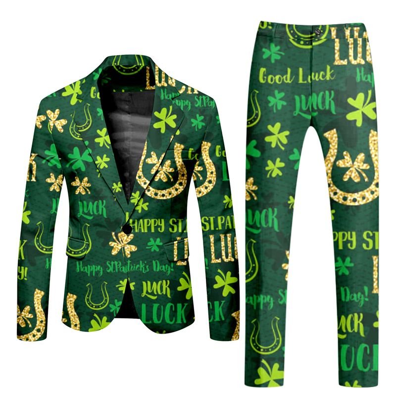 Men Fashion Casual St. Patrick Day Party Letters Clover 3D Print Long Sleeve Lapel Suit Trousers Set