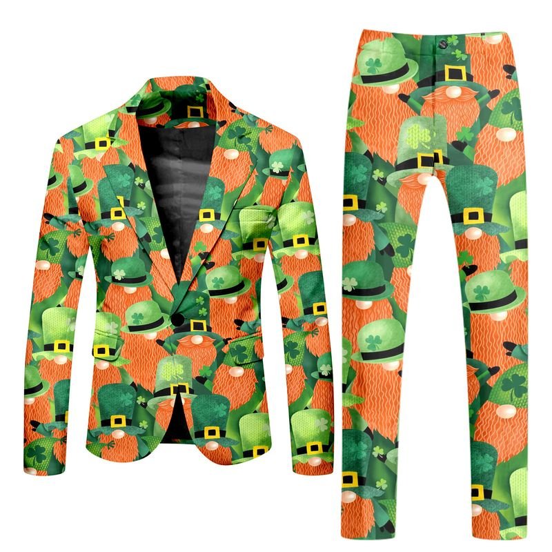 Men Fashion Casual St. Patrick Day Party Letters Clover 3D Print Long Sleeve Lapel Suit Trousers Set