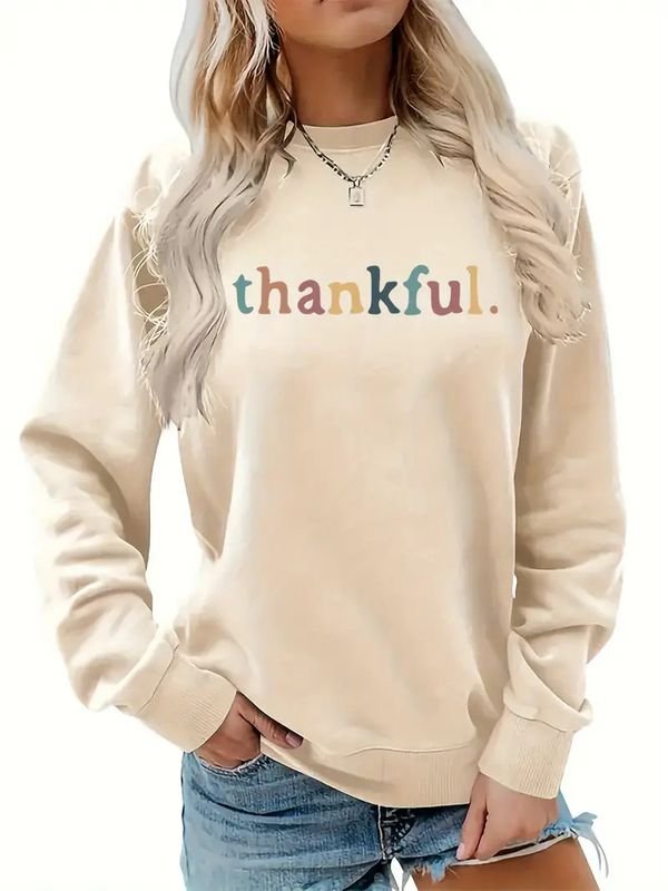 Thanksgiving Women Simple Alphabet Print Crewneck Long Sleeve Sweatshirt