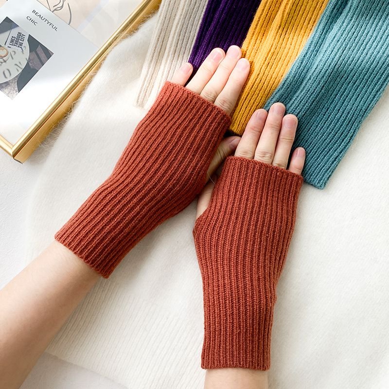 Autumn Winter Women Simple Solid Color Vertical Strip Knitted Wool Half-Finger Gloves