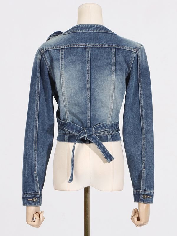 Women Summer Fashion Distinctive V-Neck Cross Asymmetrical Lace-Up Short Denim Jacket