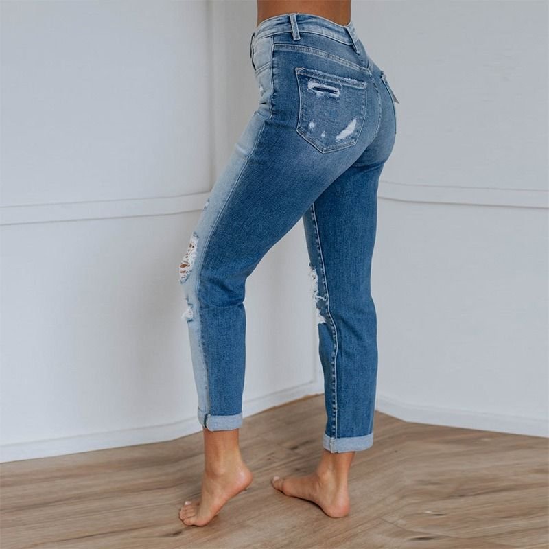 Vintage Fashion Women Washed Gradient Straight Raw Hem Ripped Jeans