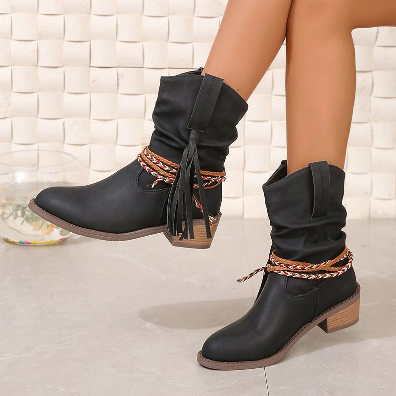 Autumn And Winter Women Fashion Plus Size Retro Tassel Round Toe Short Boots